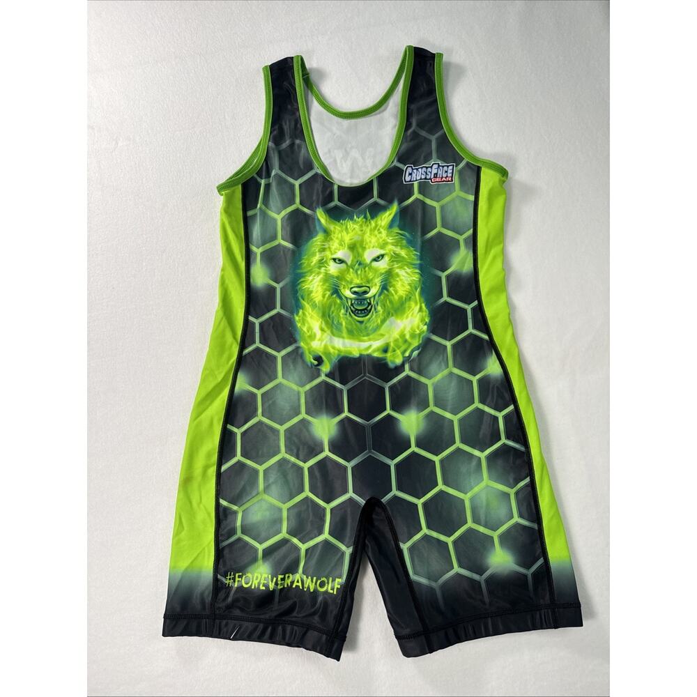 Crossface Gear ForeverAWolf Neon Green and Black Hexagon Wolf Wrestling Singlet